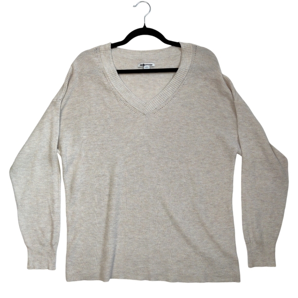 American‎ Eagle Knit Sweater V-Neck Relaxed Fit Ribbed Beige Size Large Cotton - Picture 1 of 12